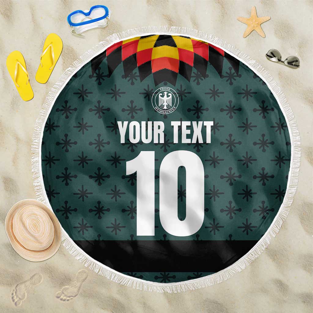 Round dark teal beach blanket with white fringe, 'YOUR TEXT' and number 10