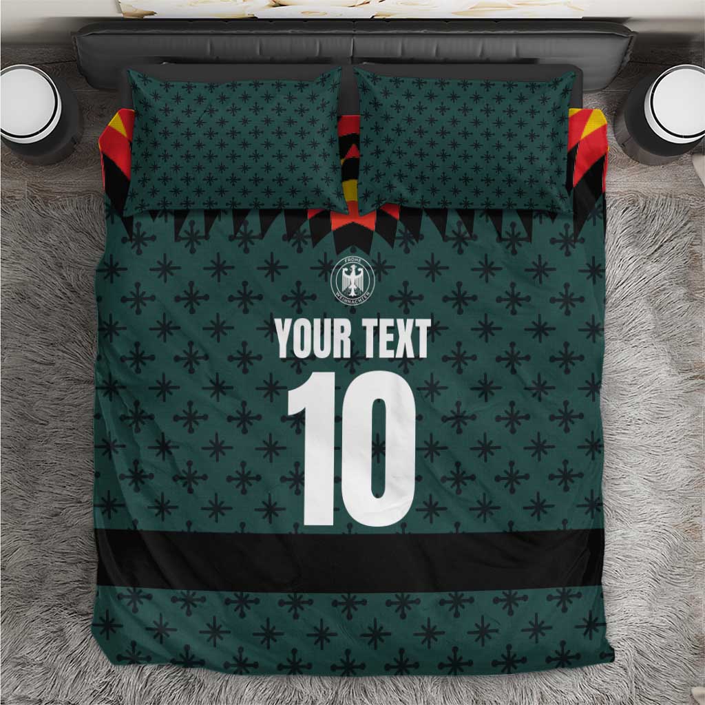 Dark teal Christmas bedding set with custom text and number 10, striped accent edges
