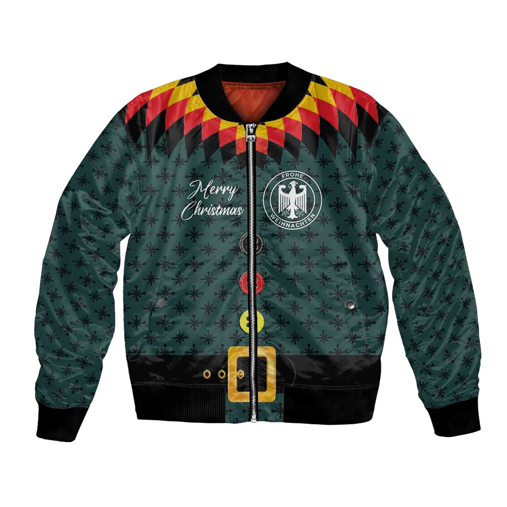 Dark teal bomber jacket with front zipper, striped yoke, festive logo and snowflake print