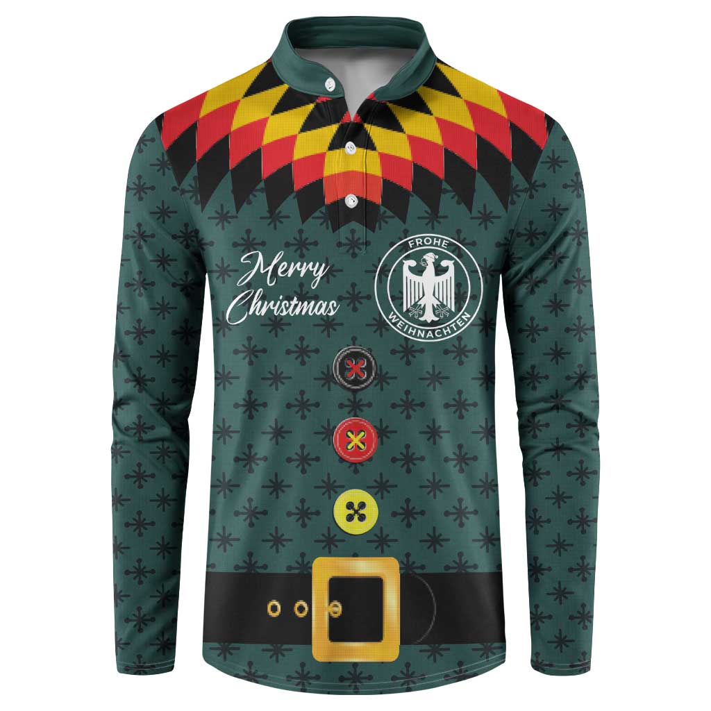 Dark teal Christmas button-up jersey sweatshirt with Merry Christmas print and crest