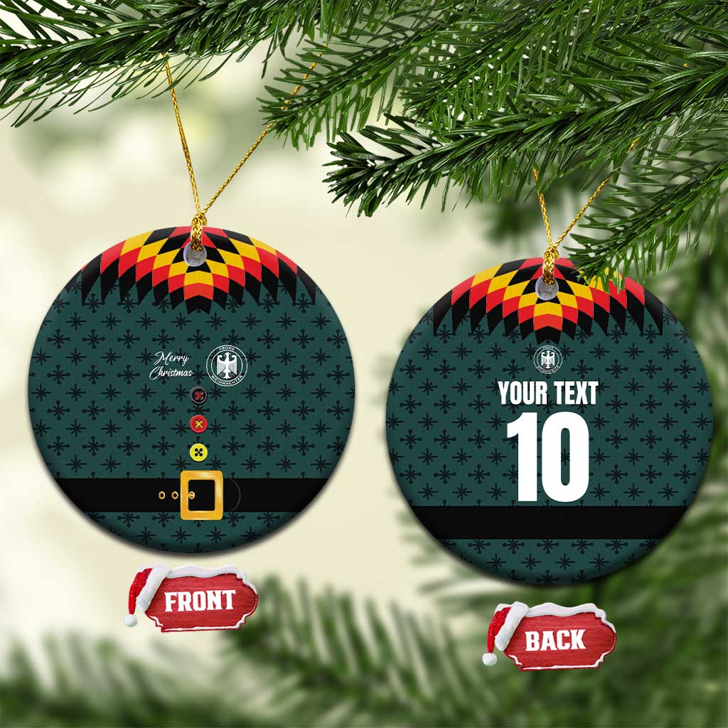 Dark teal custom ceramic circle Christmas ornament with red/yellow hat; includes front and back tags