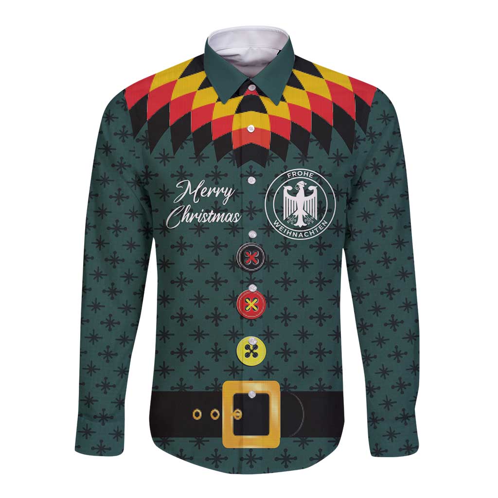 Dark teal long-sleeve button shirt with Merry Christmas print and football-style festive yoke