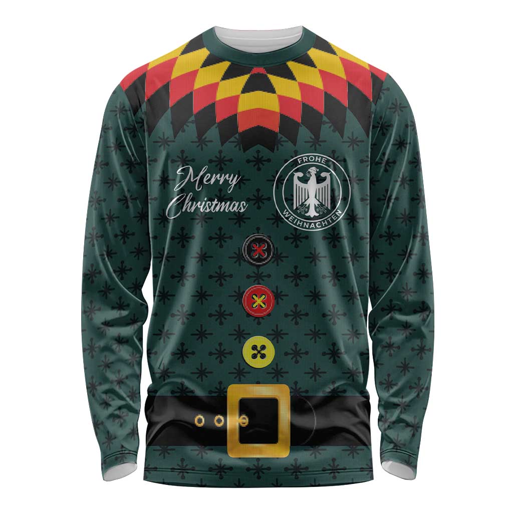 Dark teal long-sleeve Christmas football jersey with 'Merry Christmas' front graphic