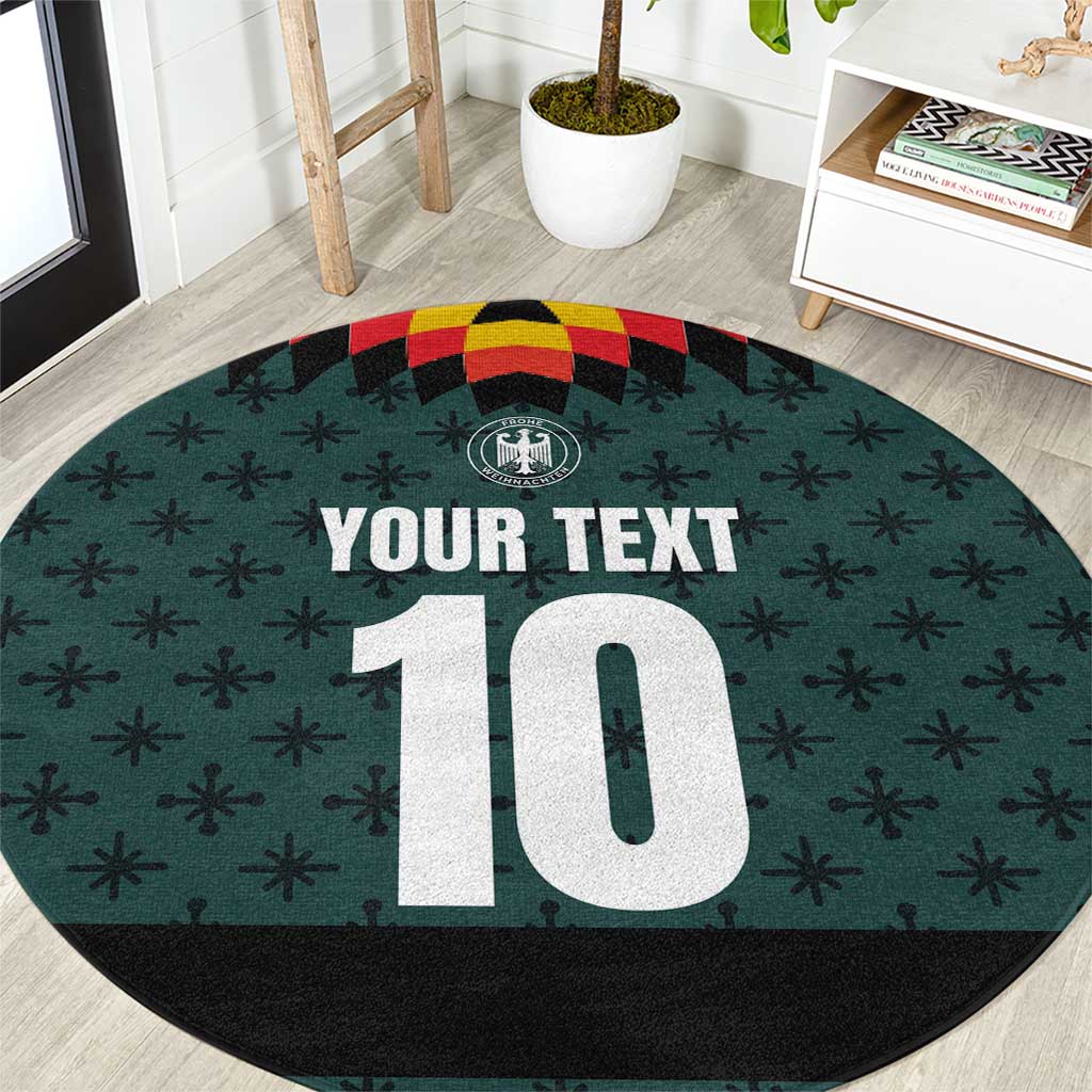 Dark teal round rug with black edge, star pattern, and large "10" under "YOUR TEXT".