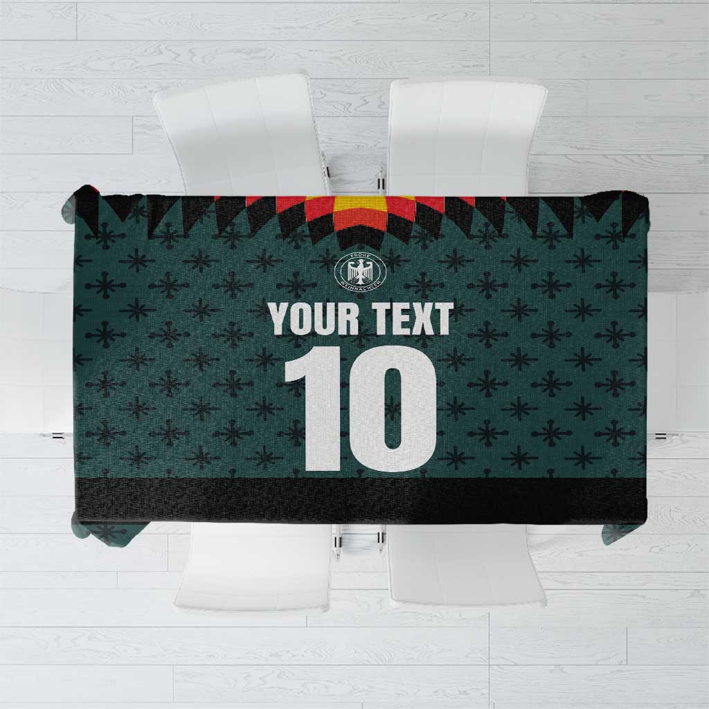 Dark teal custom tablecloth with repeating icons, “YOUR TEXT” panel, and number print