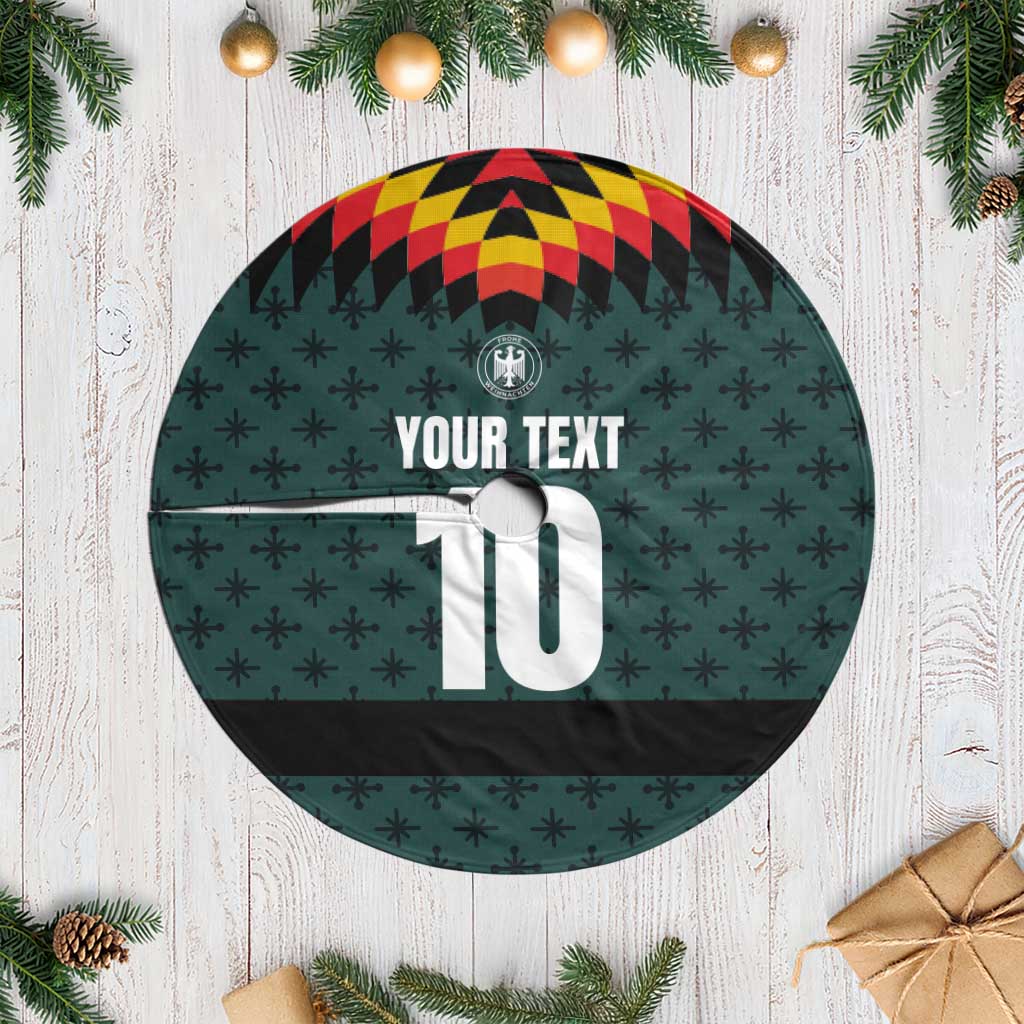 Teal custom tree skirt with sports jersey design, number 10, and white fringe edge.