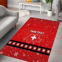 Red Christmas area rug, custom text over Swiss map outline with cross emblem