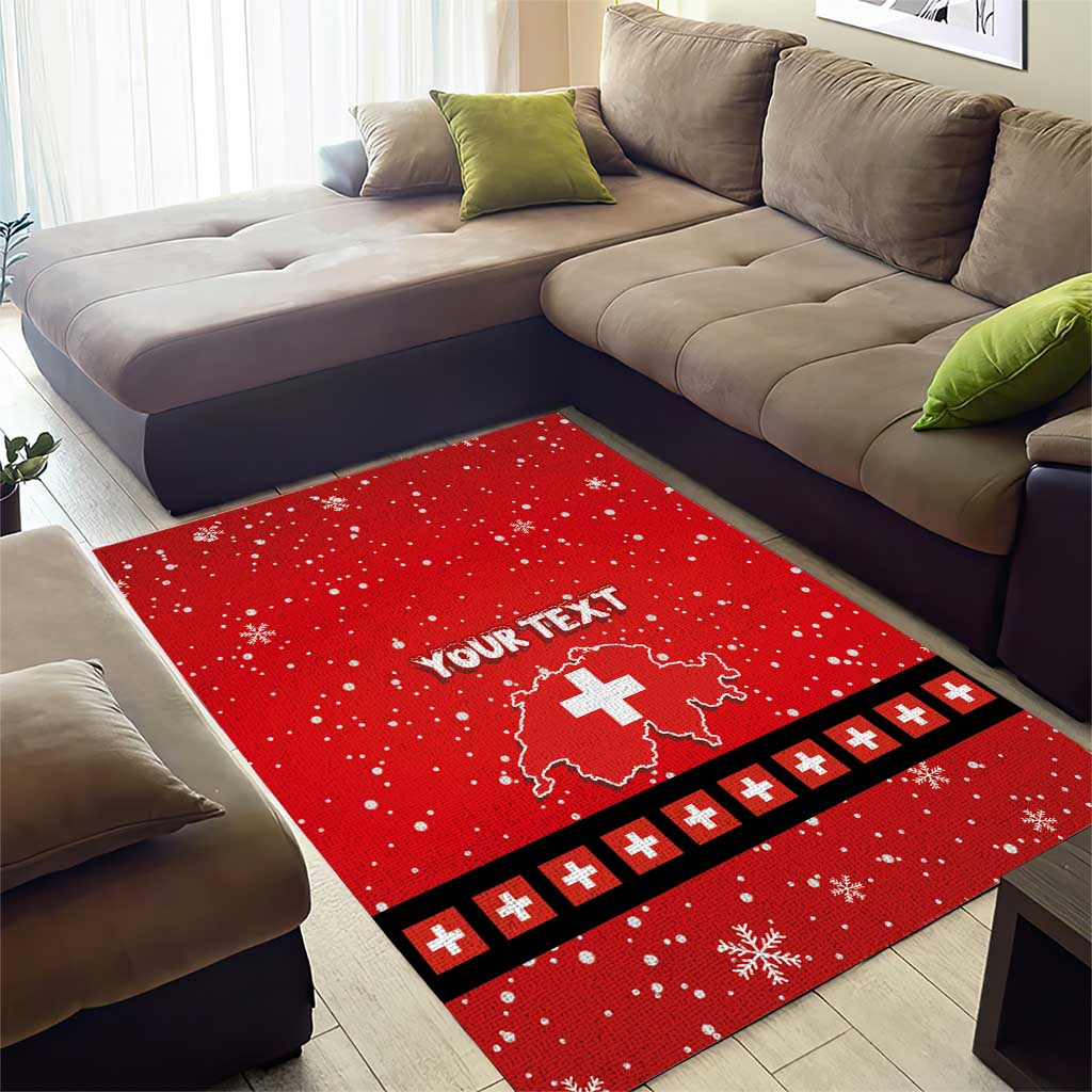 Red Christmas area rug with Swiss cross emblem, custom text, and black stripe border