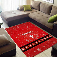 Red Christmas area rug with Swiss cross emblem, custom text, and black stripe border
