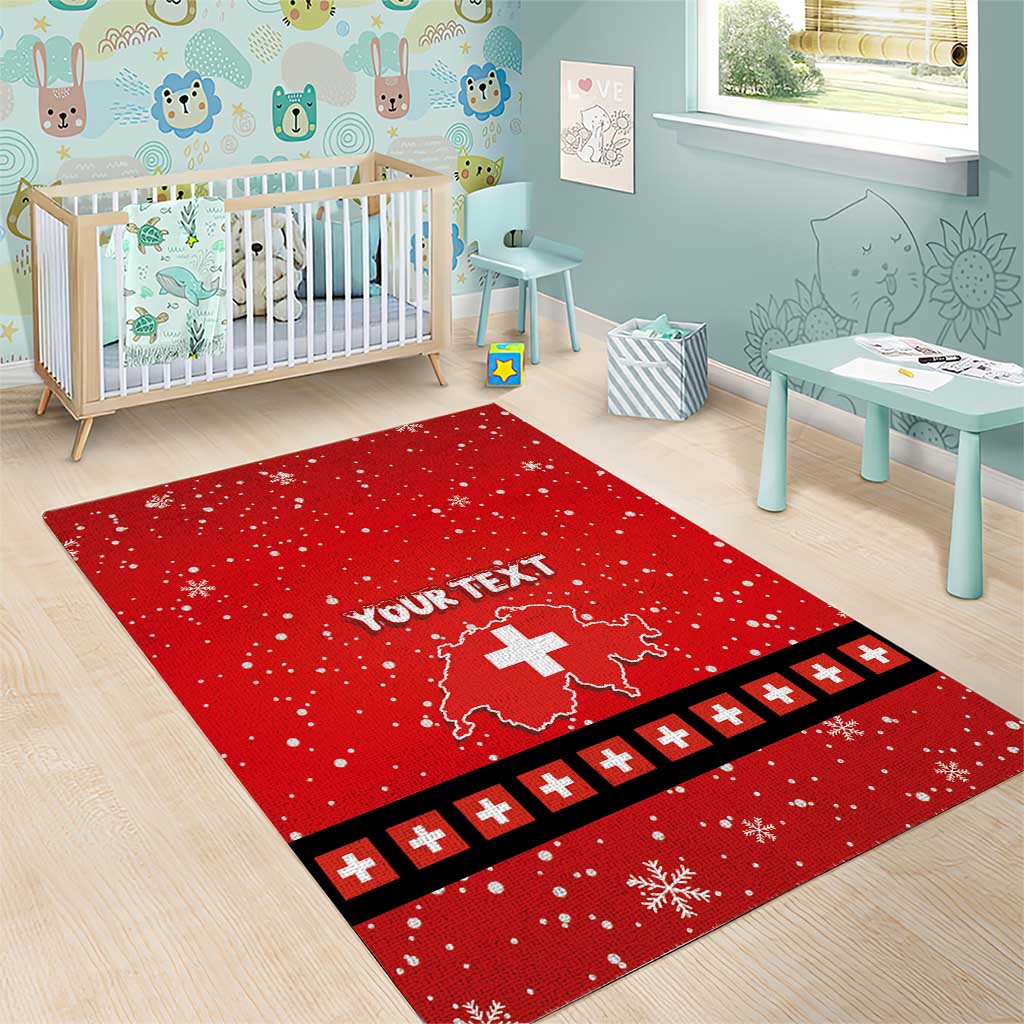Red Christmas area rug for kids room with Swiss cross emblem, custom text, black border