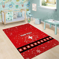 Red Christmas area rug for kids room with Swiss cross emblem, custom text, black border
