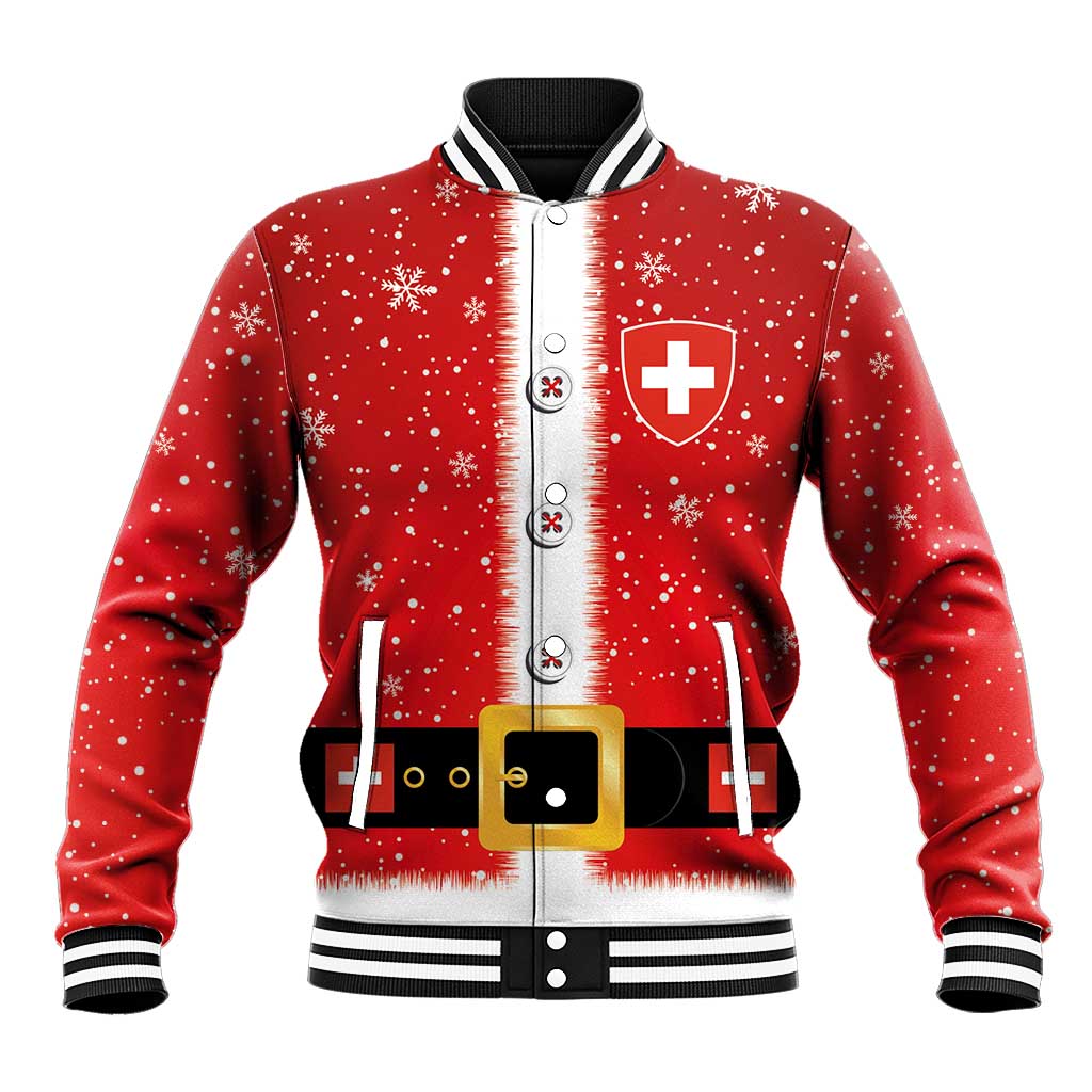 Red personalized baseball jacket with zipper, Santa suit print, Swiss cross emblem