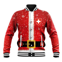 Red personalized baseball jacket with zipper, Santa suit print, Swiss cross emblem