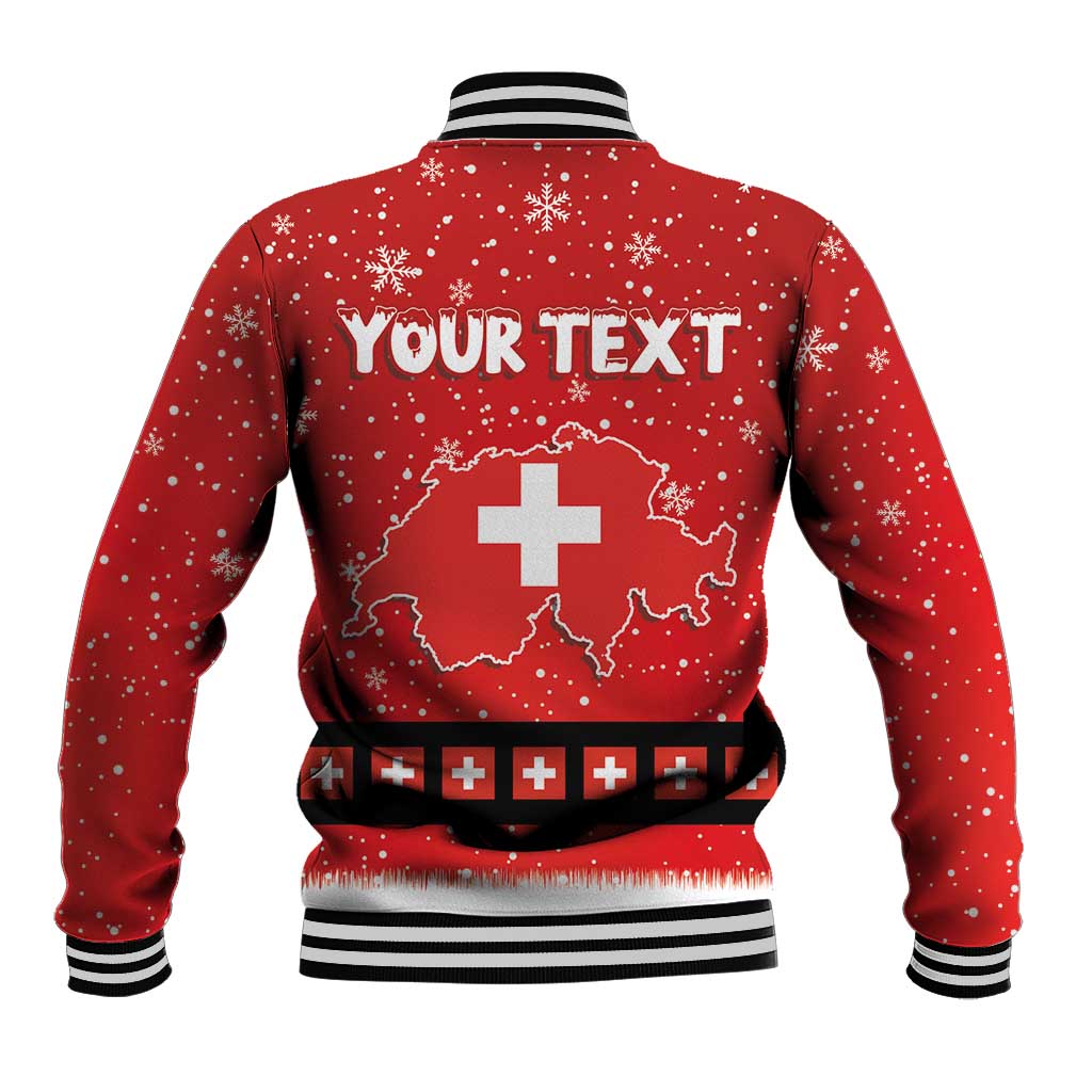 Red baseball jacket back with 'YOUR TEXT' and Swiss map cross graphic, striped rib hem