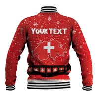 Red baseball jacket back with 'YOUR TEXT' and Swiss map cross graphic, striped rib hem
