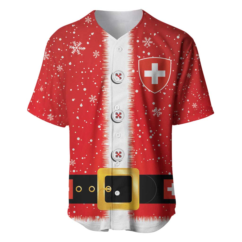 Red baseball jersey with Swiss cross, snowflakes, button-front placket
