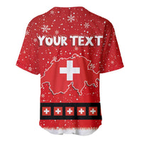 Red baseball jersey back with 'YOUR TEXT' and Swiss map with plus cross