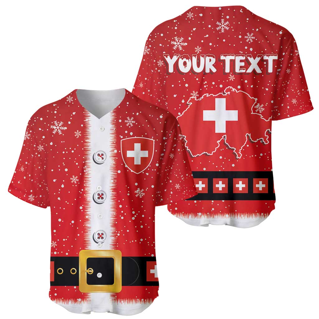 Red baseball jersey set—front and back—Swiss cross, snowflakes, button placket