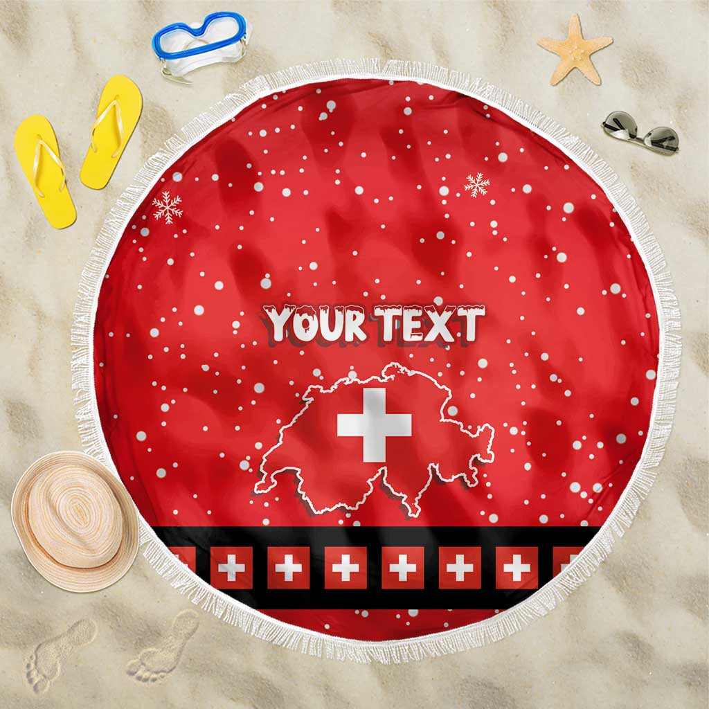 Red round beach blanket with fringe, Swiss cross map and YOUR TEXT center