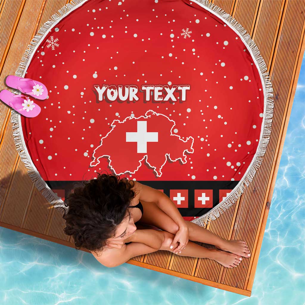 Red round beach blanket with fringe, Swiss cross map and YOUR TEXT, laid flat