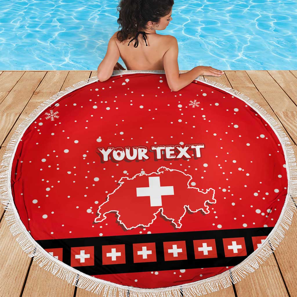 Red round beach blanket with fringe, Swiss cross map and YOUR TEXT on pool deck