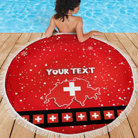 Red round beach blanket with fringe, Swiss cross map and YOUR TEXT on pool deck