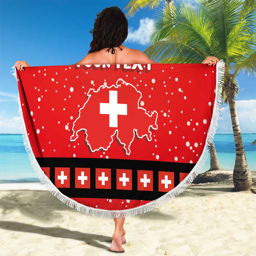 Red round beach blanket with fringe and Swiss cross map; YOUR TEXT printed center