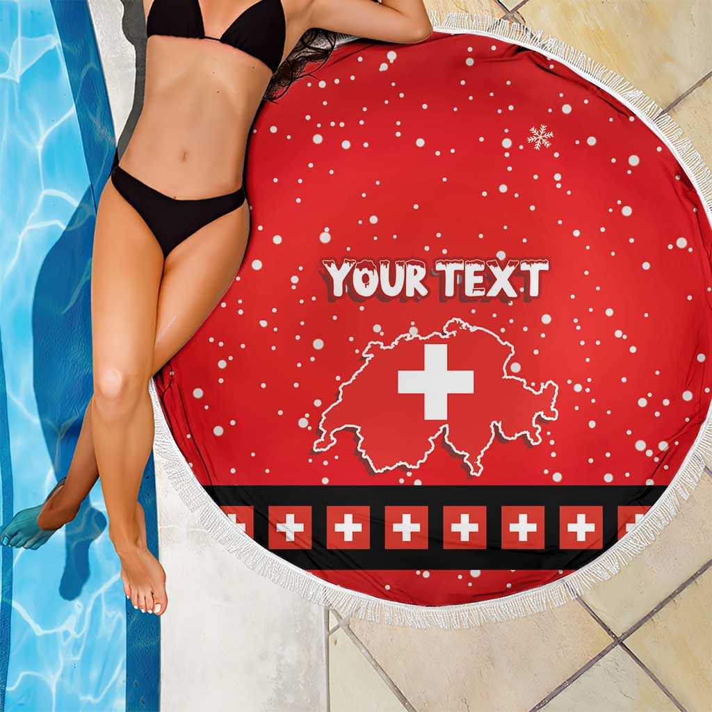 Red round beach blanket with fringe, Swiss cross map and YOUR TEXT, partially draped