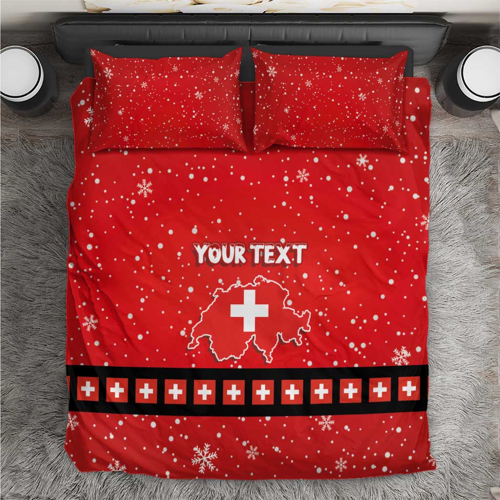 Red duvet cover and pillowcases with snowflake pattern, Swiss cross, and custom text