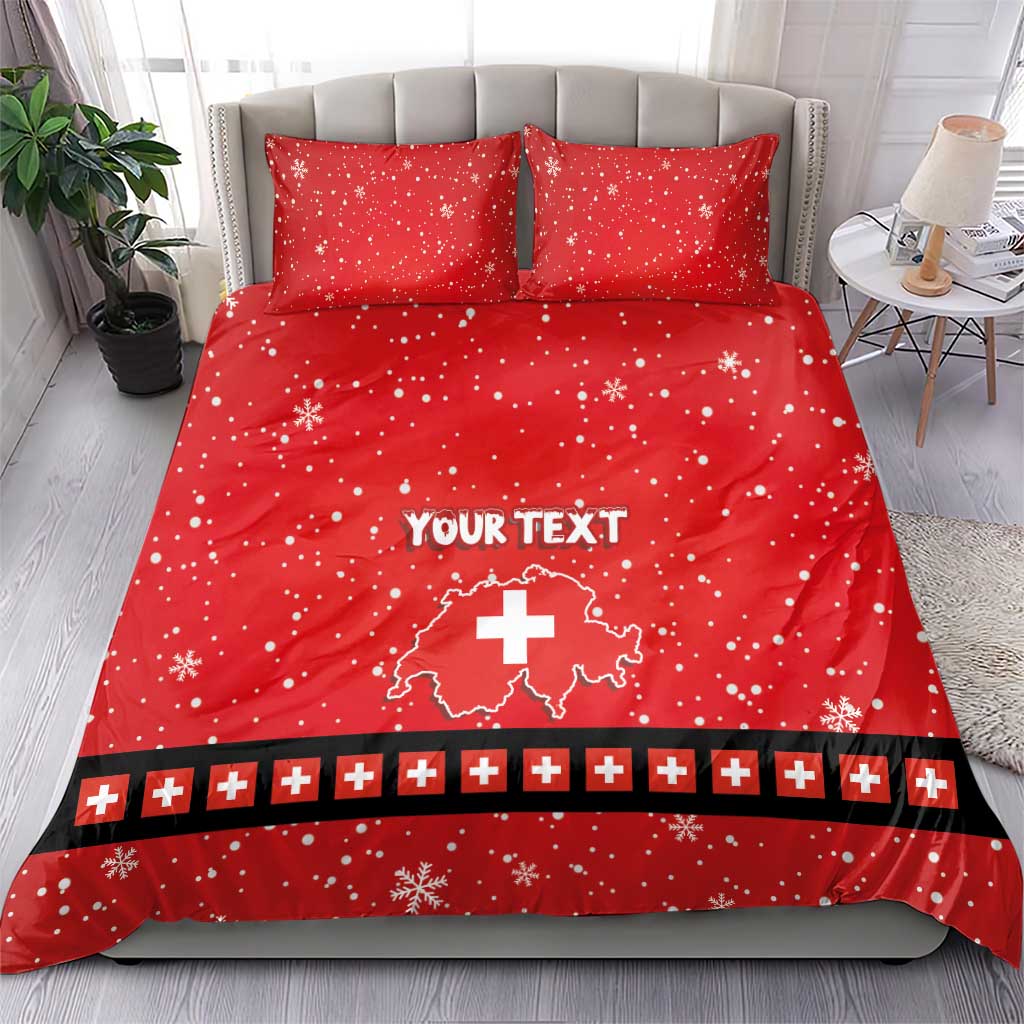 Red bedding set with two pillows, snowflakes, Swiss cross map graphic, and custom text