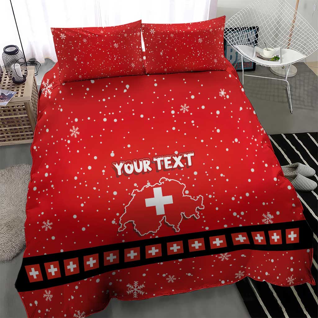 Red duvet and pillowcases with 'YOUR TEXT', Swiss cross map, and black border stripe