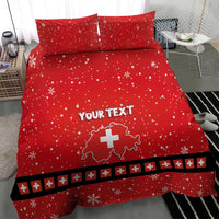 Red duvet and pillowcases with 'YOUR TEXT', Swiss cross map, and black border stripe