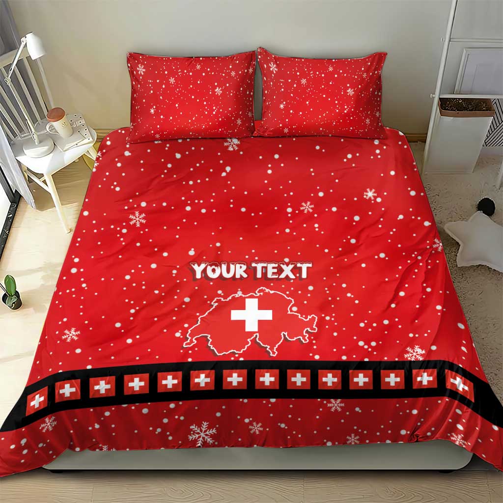 Red duvet cover with two pillows, 'YOUR TEXT', Swiss cross map, and black check trim