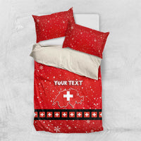 Red duvet cover with Swiss cross and 'YOUR TEXT', plus two matching pillowcases