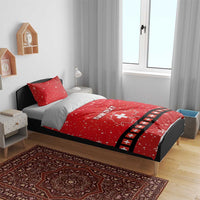 Red duvet cover set with matching pillows, snowflakes, Swiss cross graphic, and 'YOUR TEXT'