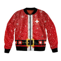 Unisex red bomber jacket with Swiss cross, snowflake print, front zipper, black trim