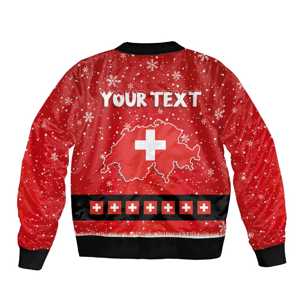 Unisex red bomber jacket with 'YOUR TEXT' and Swiss map cross, black rib trim