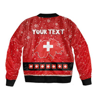Unisex red bomber jacket with 'YOUR TEXT' and Swiss map cross, black rib trim