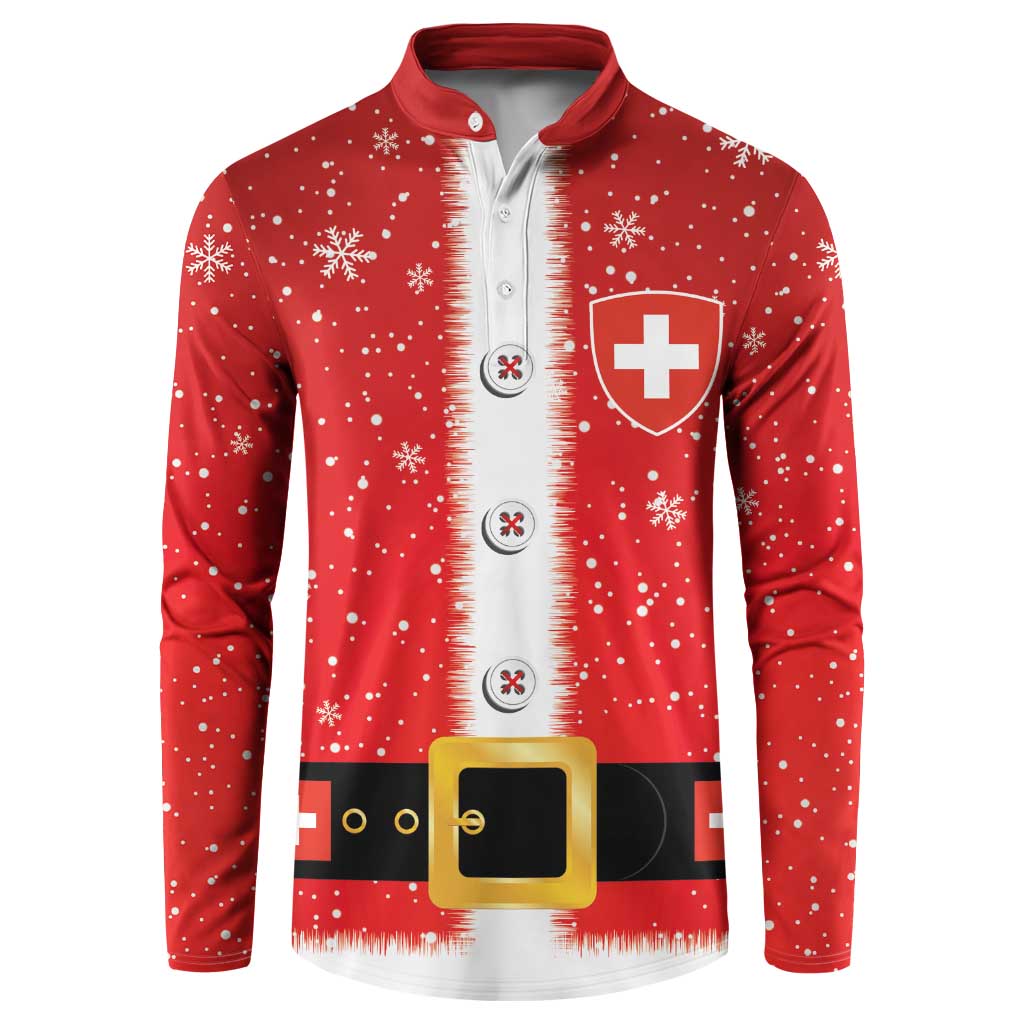 Red button sweatshirt with snowflake print, Swiss cross shield on chest, Santa belt