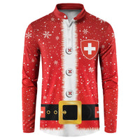 Red button sweatshirt with snowflake print, Swiss cross shield on chest, Santa belt