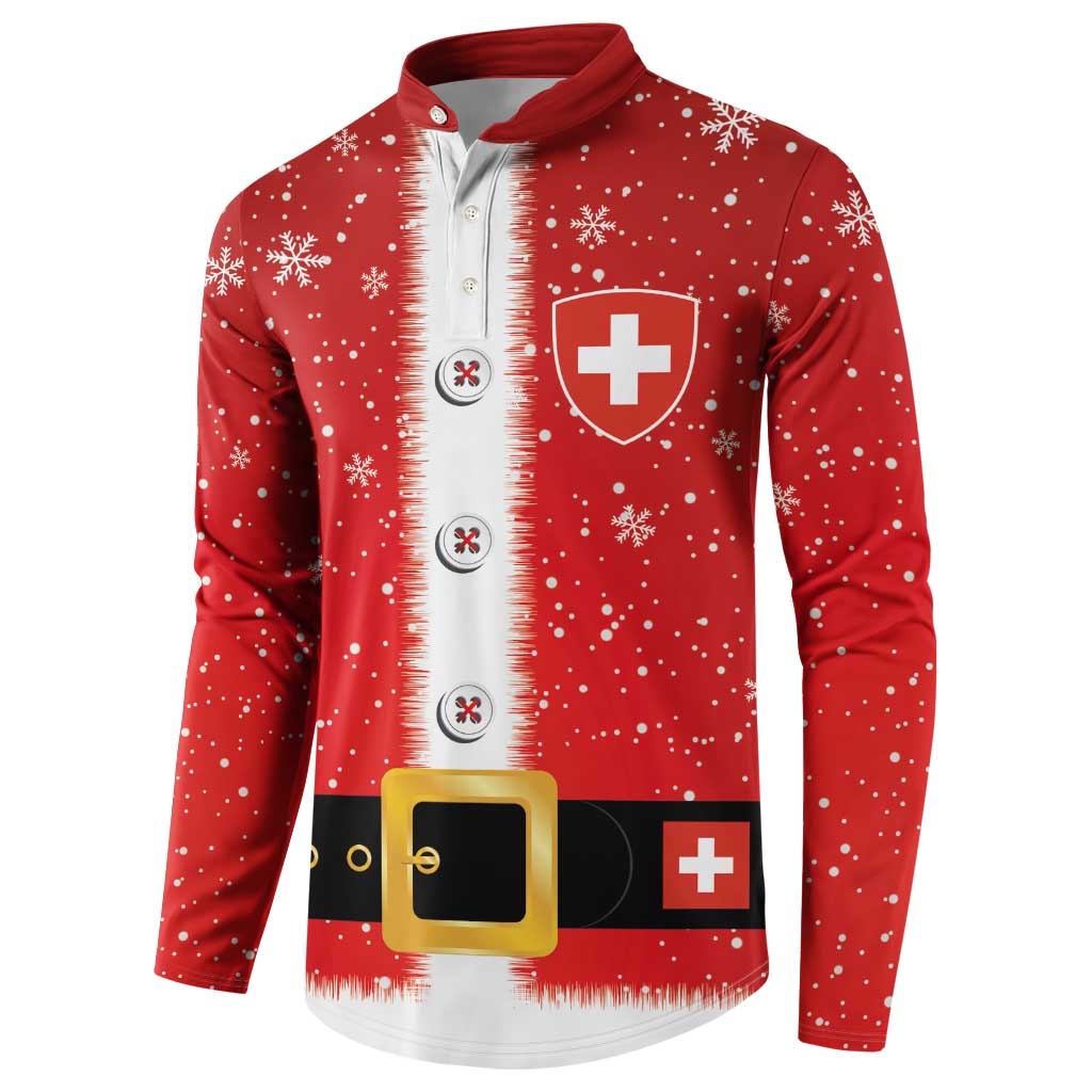 Red button sweatshirt with snowflake print, Swiss cross shield and belt graphic at hem