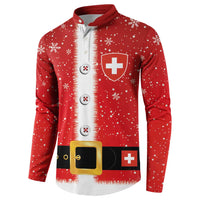 Red button sweatshirt with snowflake print, Swiss cross shield and belt graphic at hem