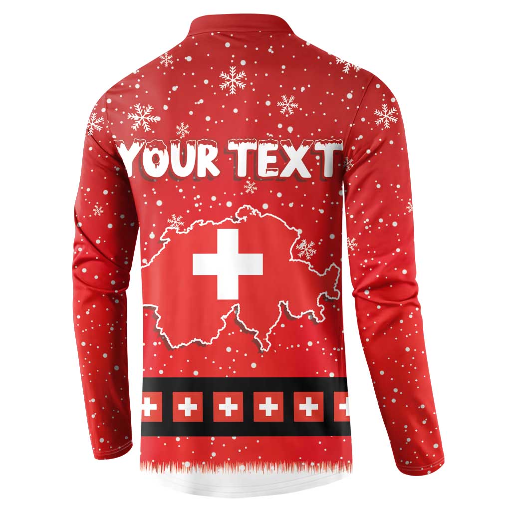 Red button sweatshirt back design with “YOUR TEXT”, Switzerland map and cross icons