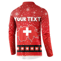 Red button sweatshirt back design with “YOUR TEXT”, Switzerland map and cross icons