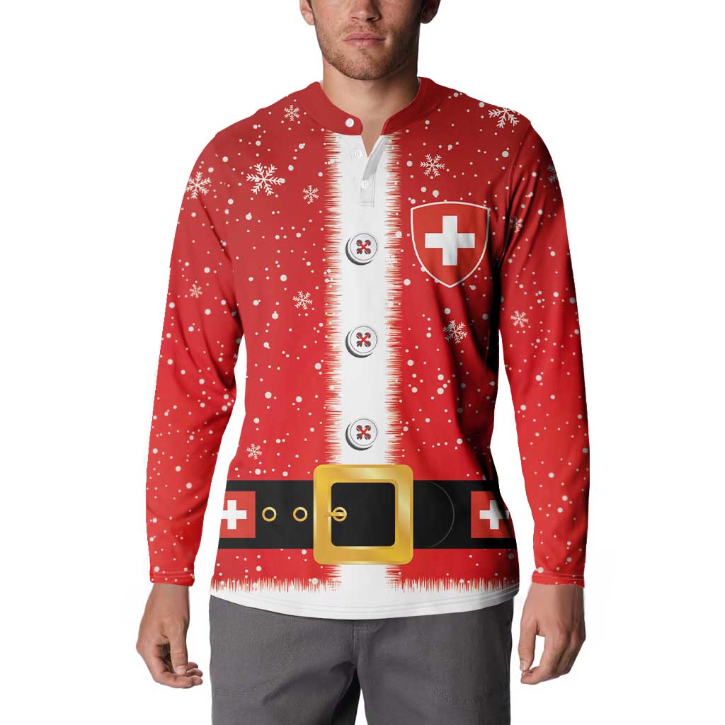 Red button sweatshirt worn by model, front print with Swiss cross shield and belt