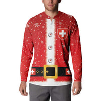 Red button sweatshirt worn by model, front print with Swiss cross shield and belt