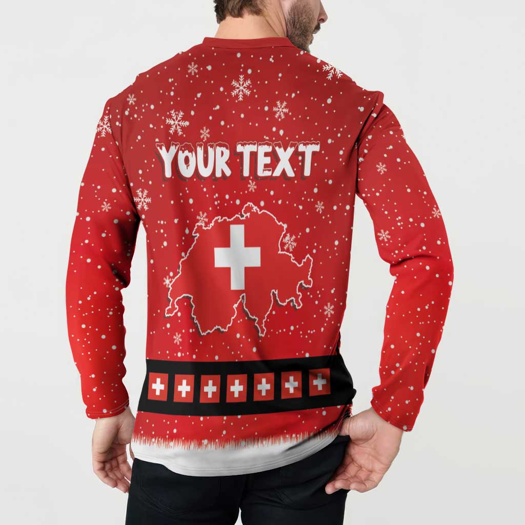 Red button sweatshirt worn by model, back print with “YOUR TEXT”, map and cross row