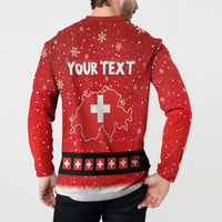 Red button sweatshirt worn by model, back print with “YOUR TEXT”, map and cross row