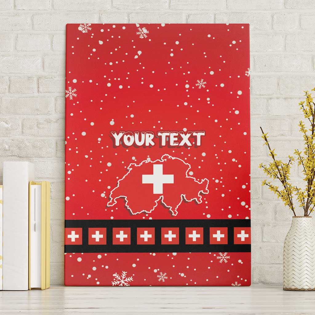 Red Swiss Christmas canvas wall art with YOUR TEXT, Switzerland outline and crosses, snow dots.