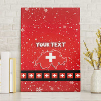 Red Swiss Christmas canvas wall art with YOUR TEXT, Switzerland outline and crosses, snow dots.
